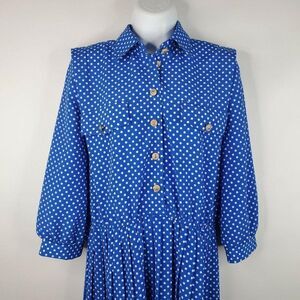 Vintage 80s Lady Carol Secretary Blue Dress Polyester Size 6 P Polka Dot